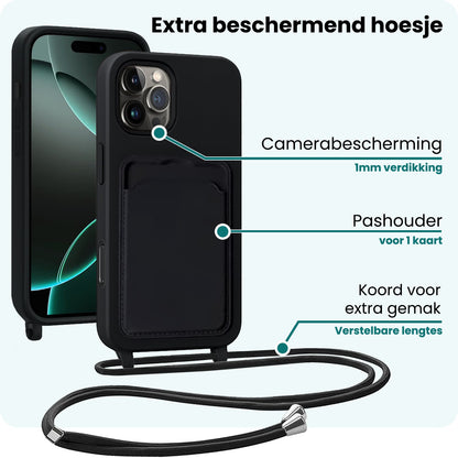 Forterra iPhone 16 Pro Hoesje Met Telefoonkoord en Pasjeshouder Siliconen - Zwart