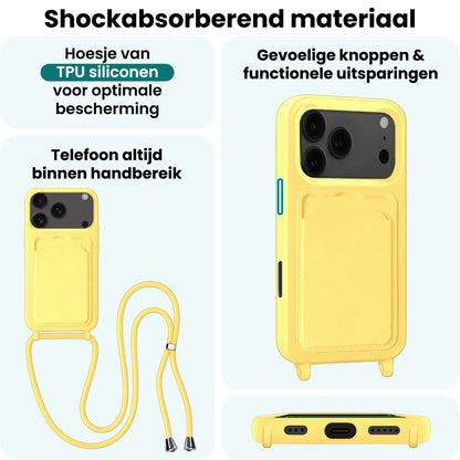 Forterra iPhone 17 Pro Max Hoesje Met Telefoonkoord en Pasjeshouder Siliconen - Geel