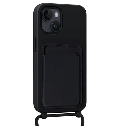 Forterra iPhone 15 Hoesje Met Telefoonkoord en Pasjeshouder Siliconen - Zwart