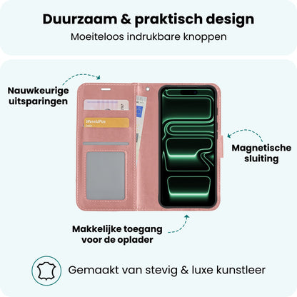 Forterra iPhone 17 Pro Hoesje Bookcase Cover met Kaarthouder - Rosé goud