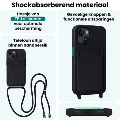 Forterra iPhone 15 Hoesje Met Telefoonkoord en Pasjeshouder Siliconen - Zwart