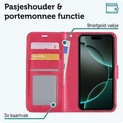Forterra iPhone 16 Pro Hoesje Bookcase Cover met Kaarthouder - Donkerroze