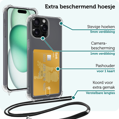 Forterra iPhone 13 Pro Max Hoesje Kaarthouder met Koord Backcover Shockproof - Transparant