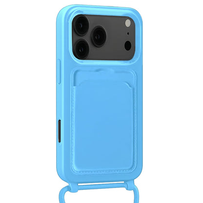 Forterra iPhone 17 Pro Max Hoesje Met Telefoonkoord en Pasjeshouder Siliconen - Lichtblauw