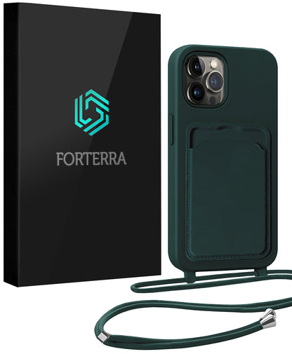 Forterra iPhone 15 Pro Hoesje Met Telefoonkoord en Pasjeshouder Siliconen - Donkergroen