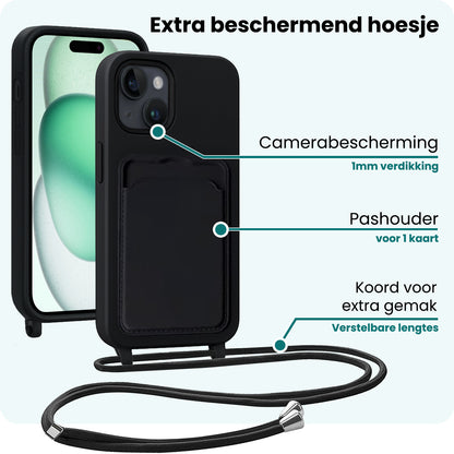 Forterra iPhone 15 Plus Hoesje Met Telefoonkoord en Pasjeshouder Siliconen - Zwart