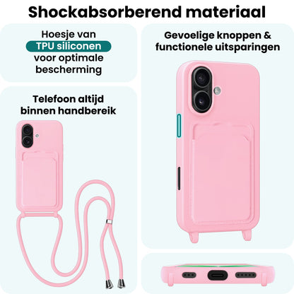 Forterra iPhone 17 Hoesje Met Telefoonkoord en Pasjeshouder Siliconen - Lichtroze
