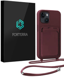 Forterra iPhone 15 Hoesje Met Telefoonkoord en Pasjeshouder Siliconen - Aubergine