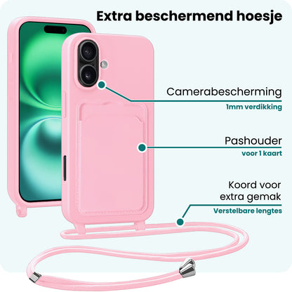 Forterra iPhone 16 Plus Hoesje Met Telefoonkoord en Pasjeshouder Siliconen - Lichtroze