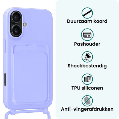 Forterra iPhone 16 Plus Hoesje Met Telefoonkoord en Pasjeshouder Siliconen - Lila