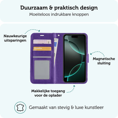 Forterra iPhone 16 Pro Hoesje Bookcase Cover met Kaarthouder - Paars