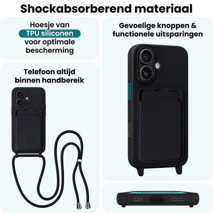 Forterra iPhone 16 Plus Hoesje Met Telefoonkoord en Pasjeshouder Siliconen - Zwart
