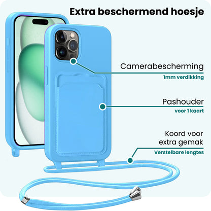 Forterra iPhone 15 Pro Max Hoesje Met Telefoonkoord en Pasjeshouder Siliconen - Lichtblauw