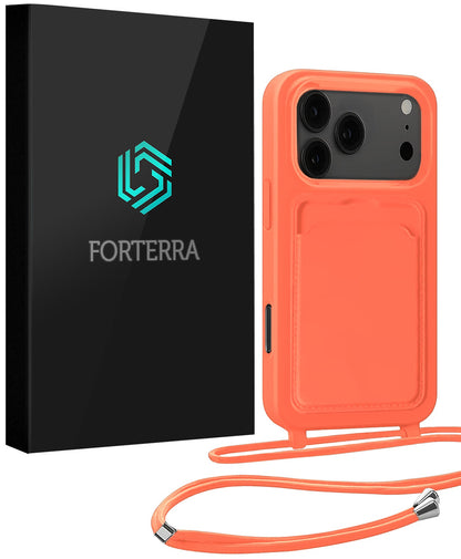 Forterra iPhone 17 Pro Hoesje Met Telefoonkoord en Pasjeshouder Siliconen - Papaya