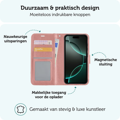 Forterra iPhone 16 Pro Max Hoesje Bookcase Cover met Kaarthouder - Rosé goud