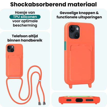 Forterra iPhone 15 Plus Hoesje Met Telefoonkoord en Pasjeshouder Siliconen - Papaya
