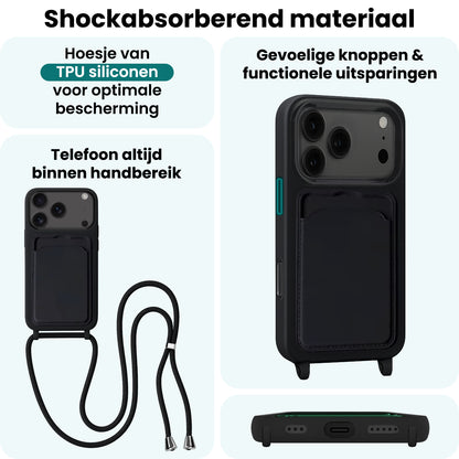 Forterra iPhone 17 Pro Hoesje Met Telefoonkoord en Pasjeshouder Siliconen - Zwart