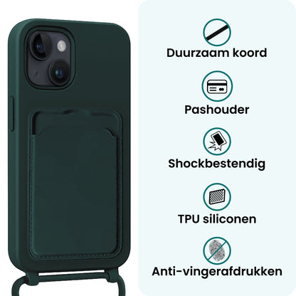 Forterra iPhone 14 Hoesje Met Telefoonkoord en Pasjeshouder Siliconen - Donkergroen