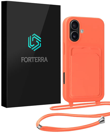 Forterra iPhone 16 Plus Hoesje Met Telefoonkoord en Pasjeshouder Siliconen - Papaya