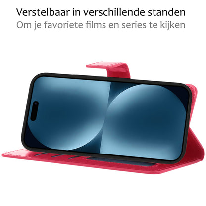 Forterra iPhone 15 Hoesje Bookcase Cover met Kaarthouder - Donkerroze
