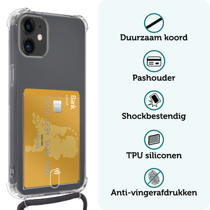 Forterra iPhone 12 Hoesje Kaarthouder met Koord Backcover Shockproof - Transparant