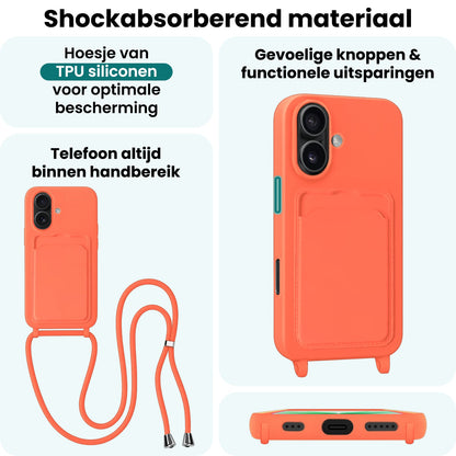 Forterra iPhone 17 Hoesje Met Telefoonkoord en Pasjeshouder Siliconen - Papaya