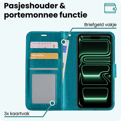 Forterra iPhone 17 Pro Max Hoesje Bookcase Cover met Kaarthouder - Turquoise