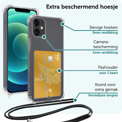 Forterra iPhone 11 Hoesje Kaarthouder met Koord Backcover Shockproof - Transparant