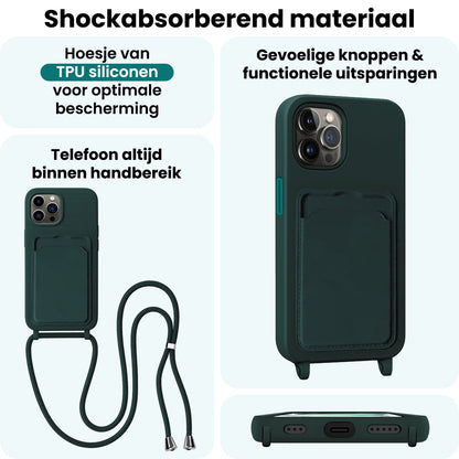 Forterra iPhone 14 Pro Max Hoesje Met Telefoonkoord en Pasjeshouder Siliconen - Donkergroen