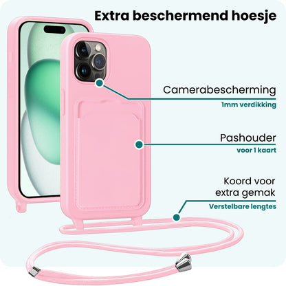 Forterra iPhone 15 Pro Hoesje Met Telefoonkoord en Pasjeshouder Siliconen - Lichtroze