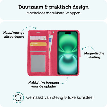 Forterra iPhone 16 Plus Hoesje Bookcase Cover met Kaarthouder - Donkerroze