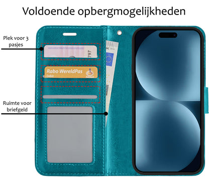 Forterra iPhone 15 Pro Max Hoesje Bookcase Cover met Kaarthouder - Turquoise