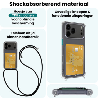 Forterra iPhone 17 Pro Hoesje Kaarthouder met Koord Backcover Shockproof - Transparant