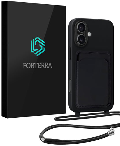Forterra iPhone 16 Plus Hoesje Met Telefoonkoord en Pasjeshouder Siliconen - Zwart