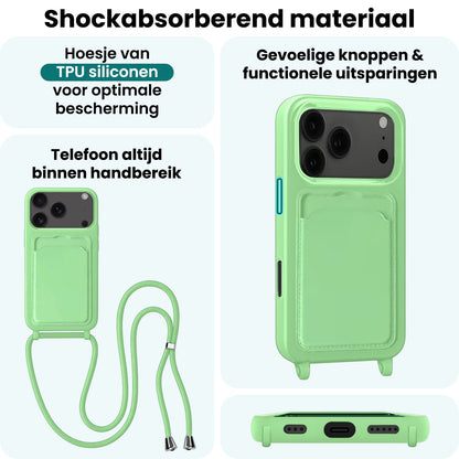 Forterra iPhone 17 Pro Max Hoesje Met Telefoonkoord en Pasjeshouder Siliconen - Groen