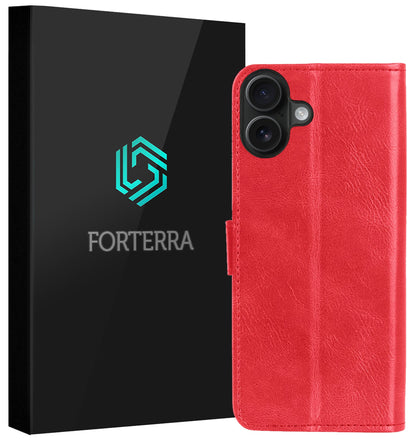 Forterra iPhone 16 Hoesje Bookcase Cover met Kaarthouder - Rood