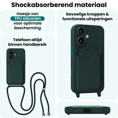 Forterra iPhone 17 Hoesje Met Telefoonkoord en Pasjeshouder Siliconen - Donkergroen