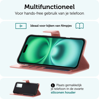 Forterra iPhone 16 Plus Hoesje Bookcase Cover met Kaarthouder - Rosé goud