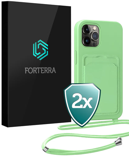 Forterra iPhone 15 Pro Max Hoesje Met Telefoonkoord en Pasjeshouder Siliconen - Groen