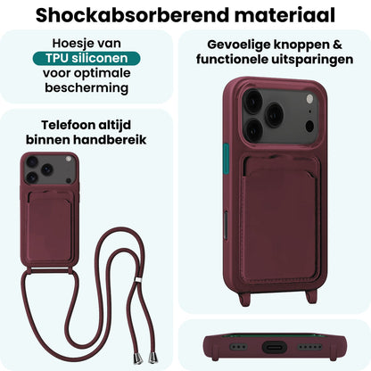Forterra iPhone 17 Pro Hoesje Met Telefoonkoord en Pasjeshouder Siliconen - Aubergine