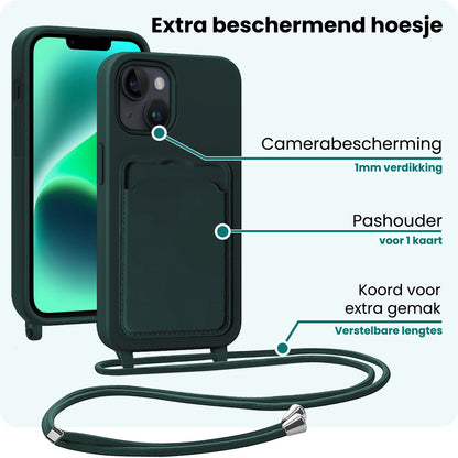 Forterra iPhone 14 Hoesje Met Telefoonkoord en Pasjeshouder Siliconen - Donkergroen