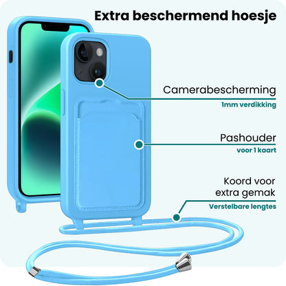 Forterra iPhone 13 Hoesje Met Telefoonkoord en Pasjeshouder Siliconen - Lichtblauw