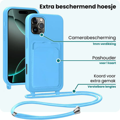 Forterra iPhone 16 Pro Max Hoesje Met Telefoonkoord en Pasjeshouder Siliconen - Lichtblauw