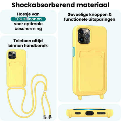 Forterra iPhone 13 Pro Max Hoesje Met Telefoonkoord en Pasjeshouder Siliconen - Geel