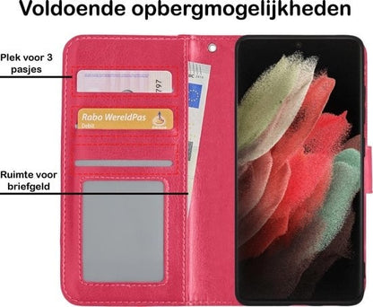 Forterra Samsung S21 Ultra Hoesje Bookcase Cover met Kaarthouder - Donkerroze