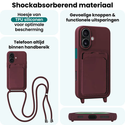 Forterra iPhone 17 Hoesje Met Telefoonkoord en Pasjeshouder Siliconen - Aubergine