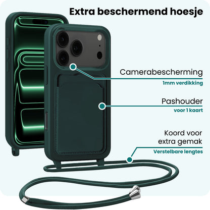 Forterra iPhone 17 Pro Hoesje Met Telefoonkoord en Pasjeshouder Siliconen - Donkergroen