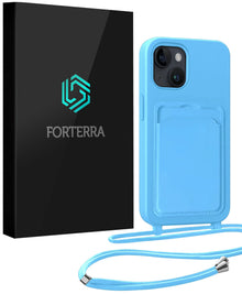 Forterra iPhone 14 Hoesje Met Telefoonkoord en Pasjeshouder Siliconen - Lichtblauw