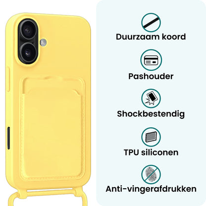 Forterra iPhone 16 Hoesje Met Telefoonkoord en Pasjeshouder Siliconen - Geel
