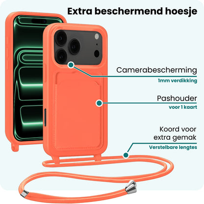 Forterra iPhone 17 Pro Hoesje Met Telefoonkoord en Pasjeshouder Siliconen - Papaya